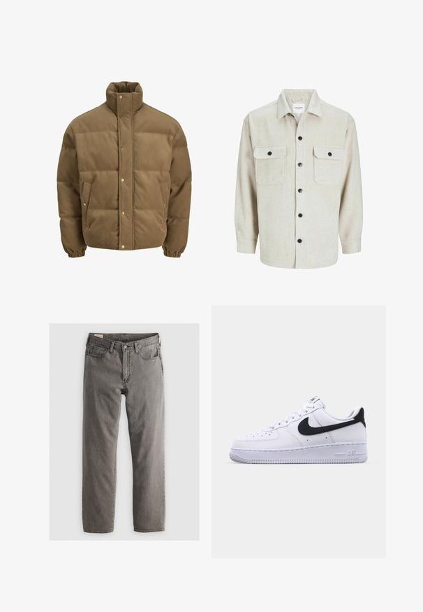 Brown corduroy puffer jacket with high collar, snap buttons, elastic cuffs, and side pockets, displayed on a white background.; Beige flannel shirt with a collared neckline, featuring two chest pockets, black buttons, and long sleeves with buttoned cuffs.; Gray denim jeans with a straight cut, five-pocket design, and button-fly closure; no visible patterns or accents; slightly faded finish.; White leather sneaker with a textured black Swoosh, flat laces, and a rubber sole featuring a ridged pattern. "AIR" is embossed on the heel.