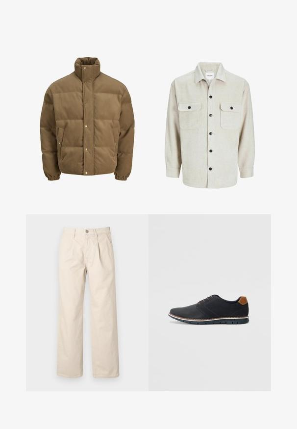 Rudos spalvos švarkas su raišteliu, turintis aukštą apykaklę, užsegamus mygtukais, elastines rankoves ir šonines kišenes, eksponuojamas ant balto fono.; Bežinė flanelinė marškinė su apykakle, turinčiais dvi krūtinės kišenes, juodais mygtukais ir ilgomis rankovėmis su mygtukais.; Šviesiai rudos spalvos plačios kelnės su aukštu liemeniu, kuriuose yra priekiniai raukšlės, priekinis mygtukų užsegimas ir lygus medvilninis audinys.; Juodi sintetiniai batai su tekstūruotu paviršiumi, lygiomis detalėmis, ruda kulna ir kontrastingu padu. Yra minimalus raištelių užsidėjimas ir siuvimo detalės.