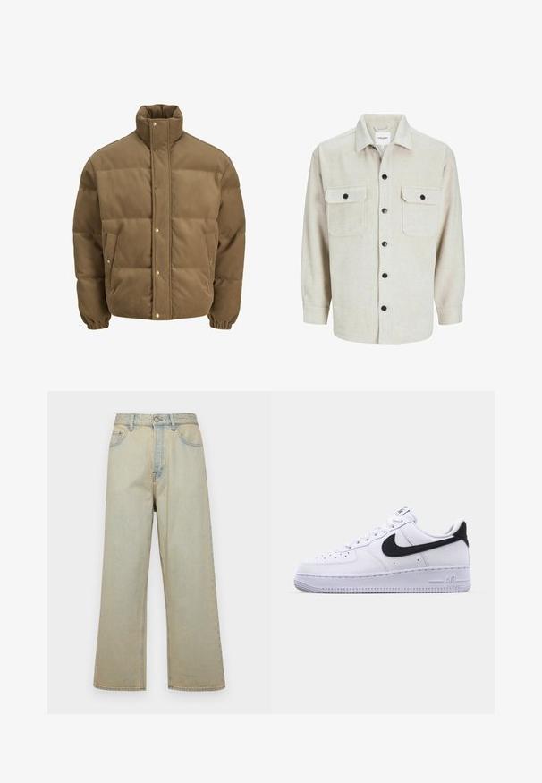 Hnědá kordurová péřová bunda s vysokým límcem, patkovými knoflíky, elastickými manžetami a bočními kapsami, vystavená na bílém pozadí.; Bežová flanelová košile s límcem, obsahující dvě náprsní kapsy, černé knoflíky a dlouhé rukávy s zapínáním na knoflíky.; Světle modré široké džíny vyrobené z denimu s vybledlým vzhledem. Obsahují pět kapes a přední zapínání na knoflík.; Bílé kožené tenisky s texturovaným černým Swooshem, plochými tkaničkami a gumovou podrážkou s drážkovaným vzorem. Na patě je embosováno "AIR".