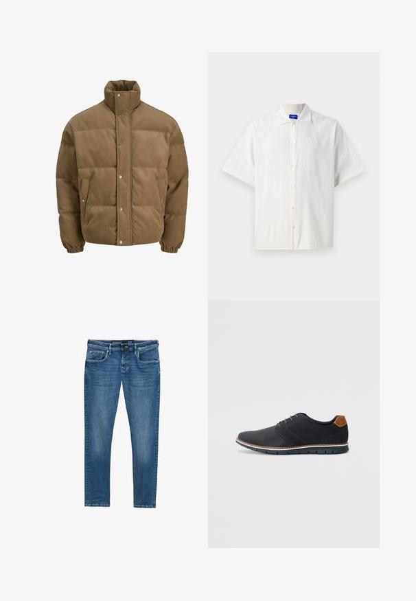 Jachetă puffer din catifea călduță, de culoare maro, cu guler înalt, nasturi cu capse, manșete elastice și buzunare laterale, expusă pe un fundal alb.; Cămașă albă cu mâneci scurte, dintr-un material ușor, având un culoar clasic și o textură subtilă. Butoanele sunt amplasate uniform.; Jeans din denim albastru cu un croi drept, design cu cinci buzunare, ușoare uzuri pe coapse și o etichetă pe talie care indică mărimea 31/32.; Pantofi sintetici negri cu un superior texturat, accente netede, toc maro și o talpă contrastantă. Prezintă un șnur minimalist și detalii de cusătură.