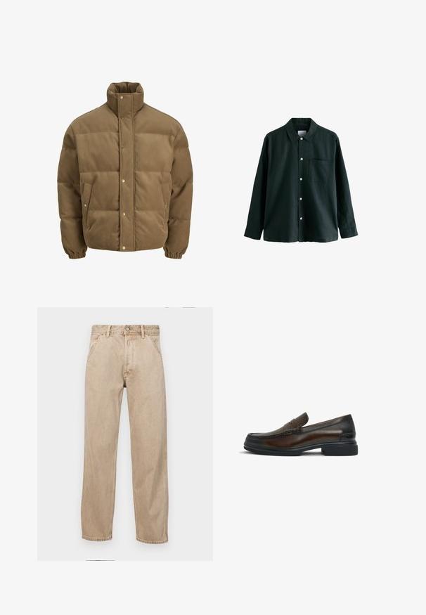 Brown corduroy puffer jacket with high collar, snap buttons, elastic cuffs, and side pockets, displayed on a white background.; Dark green button-up shirt with a collar, long sleeves, and a single chest pocket; features white buttons and a soft texture.; Beige denim jeans with a straight leg design, featuring front pockets, a metal button closure, and subtle texture.; Brown leather loafer with a rounded toe, stitched detailing on the upper, a smooth texture, and a contrasting black rubber sole.