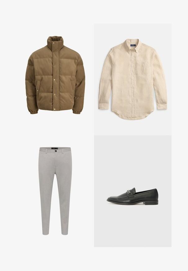 Hnedý kordurovkový bomber s vysokým golierom, sponami, elastickými manžetami a postrannými vreckami, vystavený na bielom pozadí.; Béžová košeľa s dlhým rukávom na gombíky s bielymi vertikálnymi pruhmi, golierom s gombíkmi, náprsným vreckom a štítkom „Polo Ralph Lauren“ vo vnútri goliera.; Svetlo šedé nohavice na mieru vyrobené z textúrovanej tkaniny, s gombíkovým zapínaním, bočnými vreckami a úzkym strihom.; Čierne kožené loafers s hladkým povrchom, s prešitým dizajnom a dekoratívnym kovovým reťazovým akcentom cez priehlavok. Plochý podpätok.