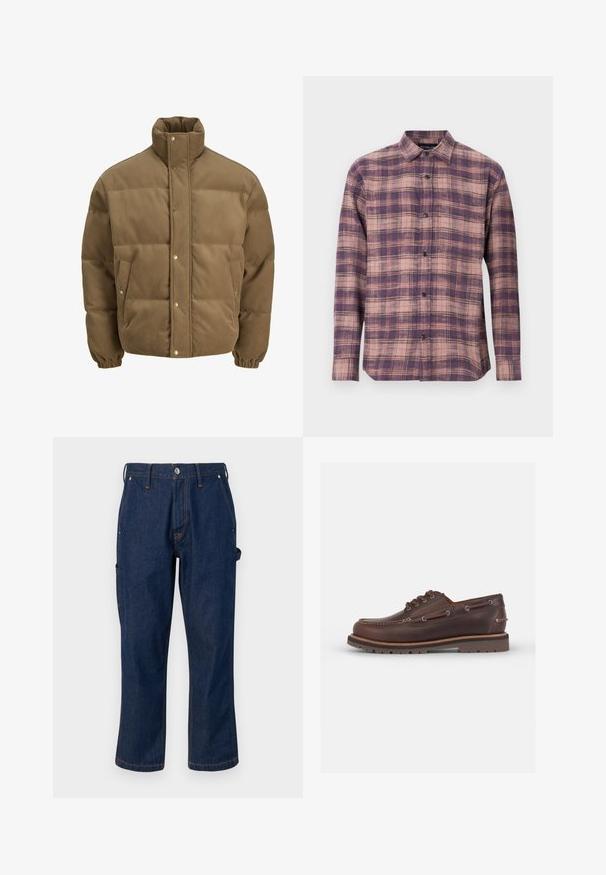 Rjav cordurojasti puhovnik z visokim ovratnikom, zaponkami na gumbe, elastičnimi manšetami in stranskimi žepi, prikazan na beli podlagi.; Srajca z dolgimi rokavi v karo vzorcu v vijoličnih in roza odtenkih, z ovratnikom na gumb in črnimi gumbi, izdelana iz mehke tkanine s gladko teksturo.; Zeleni dolg rokav pulover iz mehkega bombaža. Ima majhno vezeno obliko ribice na levem prsnem predelu. Klasičen kroj s krožnim izrezom.; Temno modri jeans hlače s ravnim krojem, ki imajo kontrastno oranžno šivanje in stranske žepke, zaprte z kovinsko gumbom.; Rjav usnjeni čolnasti čevljek s zaobljenim nosom, šestim odprtinam za vezanje, kontrastnim šivom in teksturiranim gumijastim podplatom.