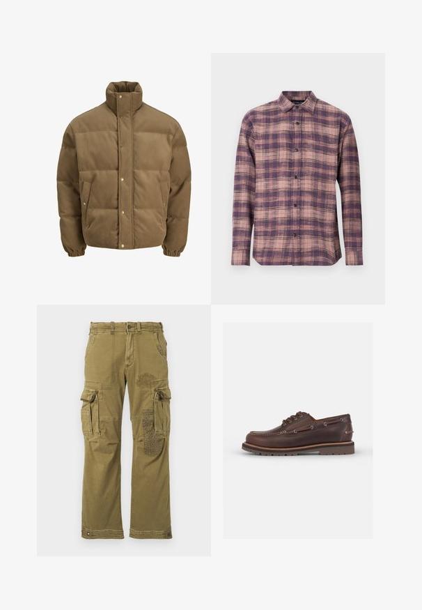 Brun kordfløyels pufferjakke med høy krage, trykknapper, elastiske mansjetter og sidelommer, vist på en hvit bakgrunn.; Langermet rutet skjorte i lilla og rosa toner, med krage og svarte knapper, laget av mykt stoff med en glatt tekstur.; Grønn langermet sweatshirt laget av myk bomull. Har et lite brodert fiskemotiv på venstre brystområde. Klassisk rund hals.; Olivengrønne cargo-bukser med flere lommer, med et mønstret patch på højre ben og forstærket syning. Casual pasform og stoftekstur.; Brune lærbåtsko med rund tå, seks hull, kontraststing, og en teksturert gummisåle.