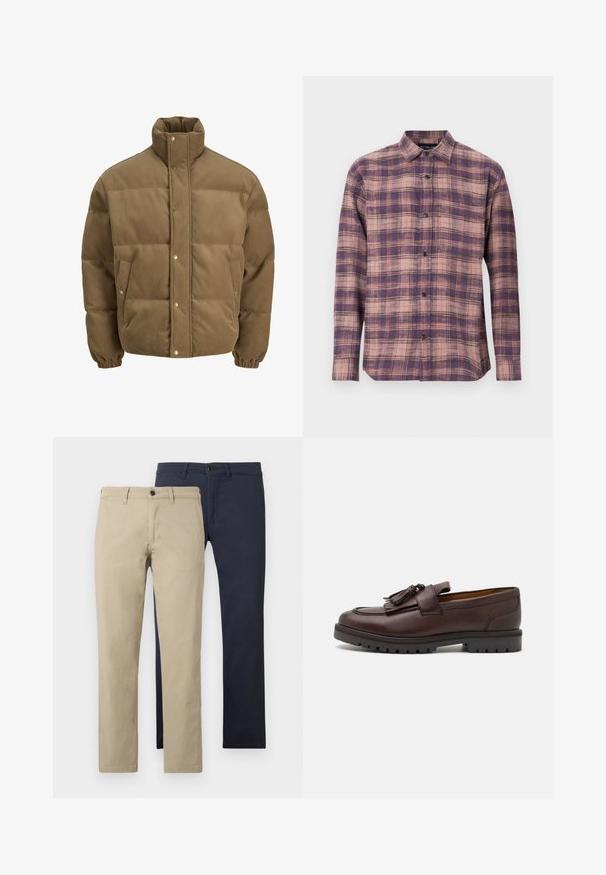 Brown corduroy puffer jacket with high collar, snap buttons, elastic cuffs, and side pockets, displayed on a white background.; Long-sleeve plaid shirt in purple and pink tones, featuring a button-down collar and black buttons, made of soft fabric with a smooth texture.; Khaki and navy chinos displayed side by side. Both have a straight-leg cut, flat front design, and single button closure. Cotton fabric texture.; Zign Smart slip-ons - brown