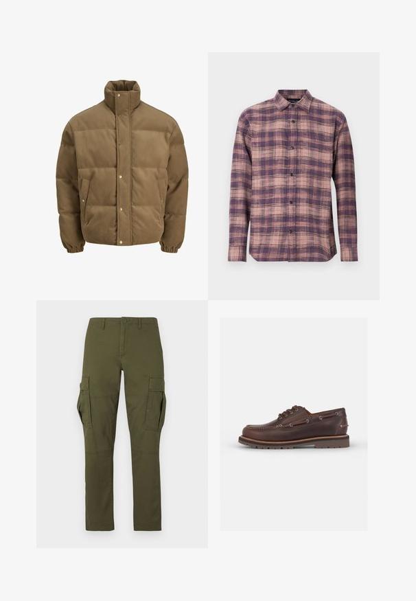 Giacca puffer in corduroy marrone con colletto alto, bottoni a pressione, polsini elasticizzati e tasche laterali, esposta su uno sfondo bianco.; Camicia a maniche lunghe a quadri in tonalità di viola e rosa, con colletto button-down e bottoni neri, realizzata in un tessuto morbido con una superficie liscia.; Pantaloni cargo verdi con più tasche, comprese due grandi tasche laterali con patta, chiusura con bottoni e passanti per cintura in vita.; Scarpa da barca in pelle marrone con punta arrotondata, sei fori per i lacci, cuciture a contrasto e suola in gomma testurizzata.