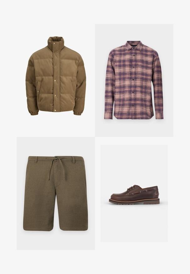 Hnedý kordurovkový bomber s vysokým golierom, sponami, elastickými manžetami a postrannými vreckami, vystavený na bielom pozadí.; Hematková košeľa s dlhým rukávom v fialových a ružových tónoch, so zapínaním na gombíky a čiernymi gombíkmi, vyrobená z mäkkej tkaniny s hladkou textúrou.; Olivové ľanové šortky s plochým predným dielom, šnúrkou na páse a bočnými vreckami; textúrovaná tkanina s voľným a pohodlným strihom.; Hnedé kožené lodné topánky s okrúhlou špičkou, šiestimi dierkami na šnúrky, kontrastným stehovaním a štruktúrovanou gumovou podrážkou.