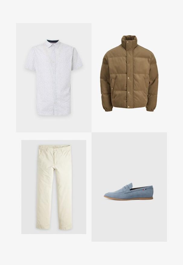 Brun kordfløyels pufferjakke med høy krage, trykknapper, elastiske mansjetter og sidelommer, vist på en hvit bakgrunn.; Kortermet skjorte med knapper i lyseblått med små svarte prikker, med spiss krage og rett kant.; Lys beige løse bukser med tre lommer, beltestropper og rett ben-design. Laget av et mykt bomullsblandingsstoff.; Lys blå semsket loafersko med en jevn tekstur, dekorativ søm og en brun gummisåle. Har en penny-slot-desig på overdelen.