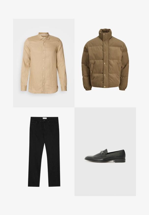 Pruunist kootud puffer-jope kõrge kraega, nööbid, elastsed mansetid ja küljetaskud, esitatud valgel taustal.; Heled beezhi pikaažiga pikkade varrukatega särk, mis on valmistatud linast, omades nööpidega esiosa, pehmet tekstuuri ja kraed. Särgil on keeratavad varrukad.; Mustad mustad jalad, viie taskuga disain, nööbiga ja lukuga kinnine, ning Pier One brändi silt vööl.; Must haveate nahkking punased, millel on sile viimistlus, tikitud muster ja dekoratiivne metallkett vampi üle. Tasane konts.