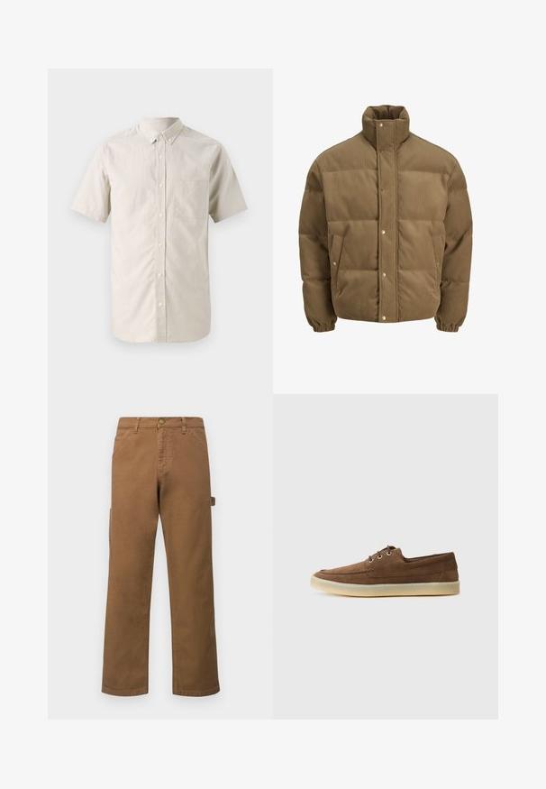 Barna kordbársony pufikabát magas gallérral, patentgombokkal, rugalmas mandzsettákkal és oldalsó zsebekkel, fehér háttéren bemutatva.; Rövid ujjú, gombos ing világos bézs szövetből; hegyes gallérral rendelkezik, és egy gombos zseb található a bal mellrészen.; Barna pamut cargo nadrág egyenes lábakkal, oldalsó zsebekkel és fém gombos zárással a deréknál. Sima textúra és laza dizájn.; Barna velúr cipők alacsony profillal, fűzős kialakítással, gumitalppal és kontrasztos varrási részletekkel. Egyszerű és funkcionális stílus.
