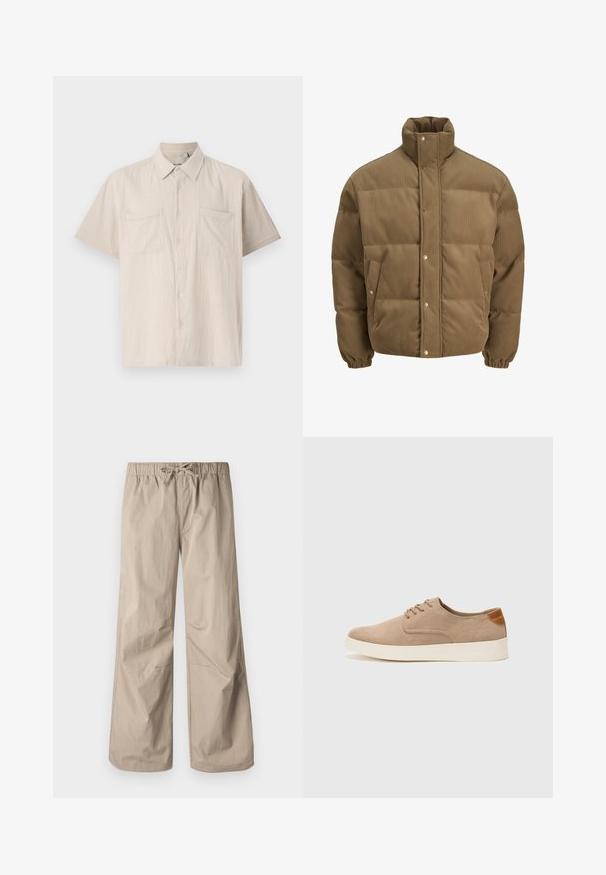 Brūns korduroja pufersjakas ar augstu apkakli, spiedpogu aizdari, elastīgām aprocēm un sānu kabatām, izstādīta uz baltā fona.; Īsām piedurknēm pogājama krekla gaisā bežā krāsā ar teksturētu audumu, divām priekšējām krūšu kabatām un norādītu apkakli.; Bežīgas platās bikses ar elastīgu jostu un saiti. Gluda tekstūra, divas sānu kabatas un minimāli šuvi brīvai piegriezumam.; Beige zamšādas kedas ar noapaļotu purngala daļu, auklēm saplacinātu priekšpusi un teksturētu aizmugures akcentu. Balta gumijas zole nodrošina kontrastu. Vienkāršs un mūsdienīgs dizains.