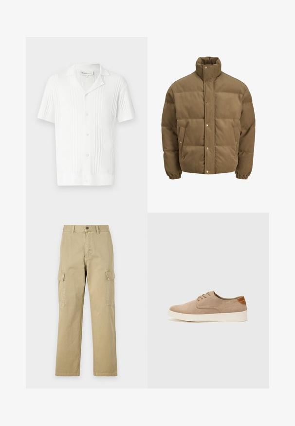 Pruunist kootud puffer-jope kõrge kraega, nööbid, elastsed mansetid ja küljetaskud, esitatud valgel taustal.; Valge lühikeste varrukatega särk ribakoe, nööbiga kinnituse ja kraega. Omab vertikaalseid triibusid lisadetailiks.; Beige cargos, mis on valmistatud puuvillast, sisaldavad kahte küljetaskut, nööbiga sulgemist ja sirgeid jalgu, millel on kergelt tekstureeritud kangas.; Beežid nahast tossud ümarate varvastega, paeltega esiosa ja tekstuuriga tagakontuuriga. Valge kummist tallapakkumine loob kontrasti. Lihtne ja kaasaegne disain.