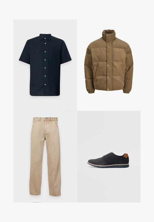 Casaco puffer de veludo cotelê castanho com colarinho alto, botões de pressão, punhos elásticos e bolsos laterais, exibido sobre um fundo branco.; Camisa de manga curta em algodão azul marinho com colarinho abotoado e botões brancos. Textura suave com corte reto e sem padrões.; Jeans de ganga bege com um design de perna reta, apresentando bolsos frontais, fecho com botão metálico e uma textura subtil.; Sapatos sintéticos pretos com um upper texturizado, pormenores lisos, salto castanho e uma sola contrastante. Apresentam um sistema de atacadores mínimo e detalhes de costura.