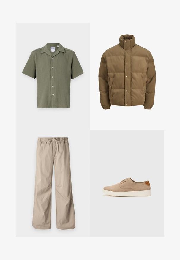 Brown corduroy puffer jacket with high collar, snap buttons, elastic cuffs, and side pockets, displayed on a white background.; Short-sleeve shirt in olive green, ribbed texture, featuring a collar and six light-colored buttons down the front.; Beige wide-leg pants with an elastic waistband and drawstring. Smooth texture, two side pockets, and minimal seams for a relaxed fit.; Beige suede sneakers with a rounded toe, lace-up front, and a textured back accent. White rubber sole provides contrast. Simple and modern design.