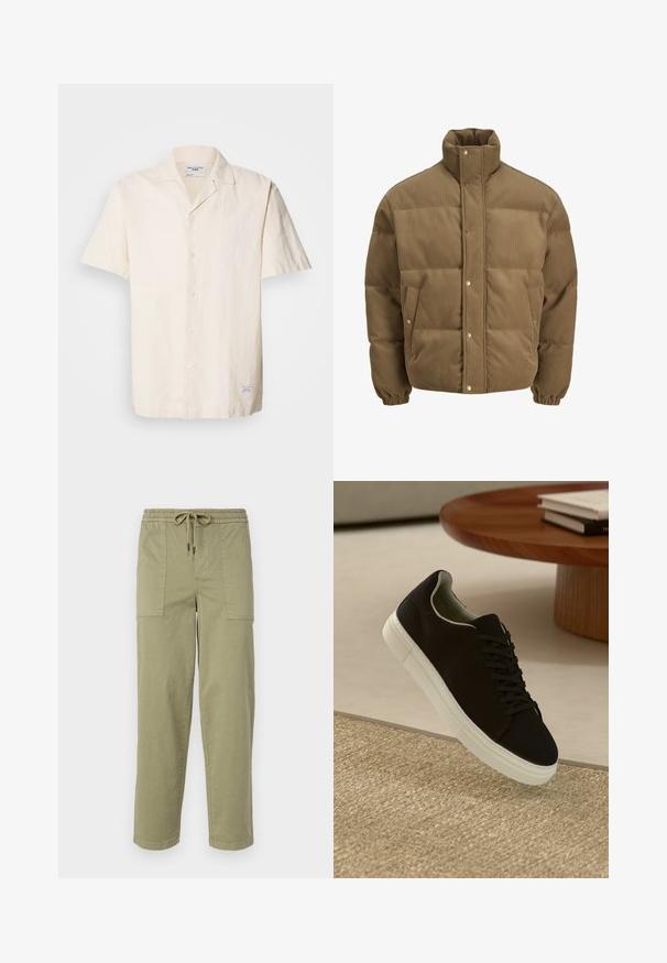 Chaqueta de plumón de pana marrón con cuello alto, botones a presión, puños elásticos y bolsillos laterales, exhibida sobre un fondo blanco.; Camisa de manga corta en color beige claro, hecha de un tejido texturizado, con cuello puntiagudo, que cuenta con un cierre de botones y una pequeña etiqueta en el dobladillo.; Pantalones verde oliva claro hechos de una mezcla de algodón, con una cinturilla elástica y cordón, y dos grandes bolsillos laterales.; Zapatilla negra con suela blanca flotando sobre una alfombra texturizada beige cerca de una mesa redonda de madera con libros apilados.