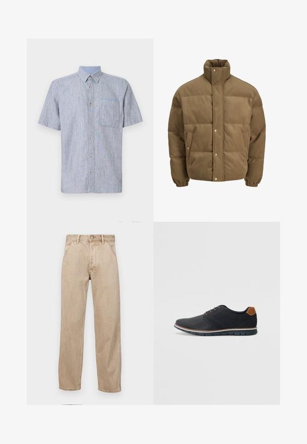 Pruunist kootud puffer-jope kõrge kraega, nööbid, elastsed mansetid ja küljetaskud, esitatud valgel taustal.; Lühikeste varrukatega nupuga särk helesinises ja valges triibulises kangas, millel on rinna tasku ja pruunid nupud. Tekstuuriga, igapäevane disain.; Bežidemini teksased sirgjoonise kujundusega, front pocket'itega, metallist nööbi kinnitusega ja peene tekstuuriga.; Mustavad sünteetilised jalatsid tekstureeritud pealsega, siledad aktsendid, pruun kand ja kontrastne tall. Omab minimaalset lukkude ja õmbluste dekoratsiooni.