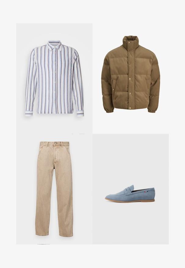 Pruunist kootud puffer-jope kõrge kraega, nööbid, elastsed mansetid ja küljetaskud, esitatud valgel taustal.; Röstripiline pikad varrukad särk, mis sisaldab vahelduvaid siniseid, valge ja halli riba. Nupuvajutus ees, üks rinnatasku ja roheline tikand.; Bežidemini teksased sirgjoonise kujundusega, front pocket'itega, metallist nööbi kinnitusega ja peene tekstuuriga.; Heledad sinine nahklohe mustriga, dekoratiivsete õmblustega ja pruunist kummist tallaga. Omab pealisosale paigutatud sentiava disaini.