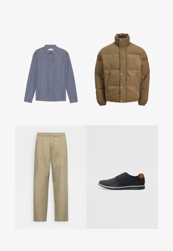 Rjav cordurojasti puhovnik z visokim ovratnikom, zaponkami na gumbe, elastičnimi manšetami in stranskimi žepi, prikazan na beli podlagi.; Modra in rjava karo vzorirana srajca z dolgimi rokavi, s koničastim ovratnikom, gumbom spredaj in enojnimi manšetami. Mehka tkanina, običajen kroj.; Bež hlače visoko pasu s ravnim krojem, z ravnim sprednjim delom, stranskimi žepi in gladkim, teksturiranim materialom.; Črne sintetične čevlje z teksturirano zgornjščino, gladkimi akcenti, rjavim petnim delom in kontrastnim podplatom. Imajo minimalno vezanje in detajle šivanja.