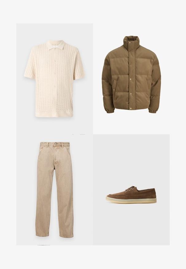 Rjav cordurojasti puhovnik z visokim ovratnikom, zaponkami na gumbe, elastičnimi manšetami in stranskimi žepi, prikazan na beli podlagi.; Kratka majica s gumbom s kratkimi rokavi v svetli kremni barvi, z teksturiranim pletenim vzorcem ter ovratnikom in petimi gumbi spredaj.; Beige jeans iz džinsa s ravnim nogavicama, ki imajo sprednje žepe, kovinsko zapiranje in subtilno teksturo.; Rjave semiš čevlje z nizkim profilom, vezavnim dizajnom, gumijastim podplatom in kontrastnim šivanjem. Preprost in funkcionalen stil.