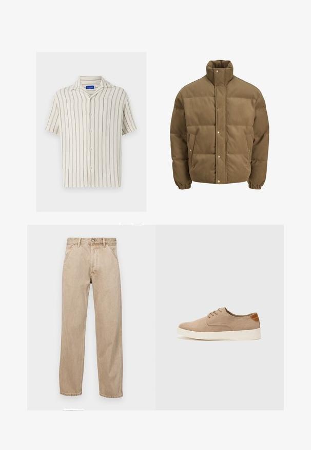 Hnědá kordurová péřová bunda s vysokým límcem, patkovými knoflíky, elastickými manžetami a bočními kapsami, vystavená na bílém pozadí.; Krátký rukáv košile v krémové barvě s jemnými vertikálními pruhy. Disponuje zapínáním na knoflíky vpředu a klasickým límcem, vyrobená z texturované látky.; Béžové džíny z denimu se středně širokým střihem, vybavené předními kapsami, kovovým zapínáním na knoflík a jemnou texturou.; Béžové semišové tenisky s kulatou špičkou, šněrováním vpředu a texturovaným zadním akcentem. Bílá gumová podrážka poskytuje kontrast. Jednoduchý a moderní design.