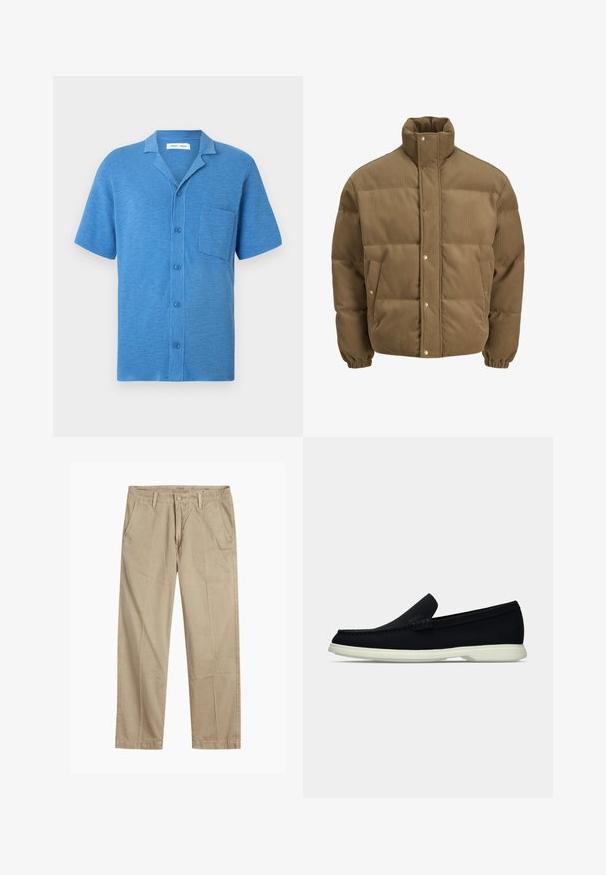 Hnedý kordurovkový bomber s vysokým golierom, sponami, elastickými manžetami a postrannými vreckami, vystavený na bielom pozadí.; Modrá košeľa s krátkym rukávom na gombíky, vyrobená z textúrovaného materiálu. Má výrezový golier a náprsné vrecko.; Béžové chinos nohavice rovného strihu s pútkami na opasok, predným gombíkom a zipsom, a šikmými prednými vreckami.; Čierne nazúvacie topánky s okrúhlou špičkou, s textúrovaným zvrškom, hladkou bielou podrážkou a jemným brandingom po boku.