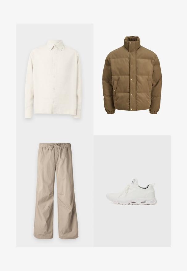 Smeđi puffer jakna od kordura s visokim ovratnikom, dugmadi na preklop, elastičnim manžetama i bočnim džepovima, prikazana na bijeloj pozadini.; Svijetlosmeđi longsleeve majica napravljena od teksturirane tkanine. Ima ovratnik i prednje dugme, te ravni rub.; Bež hlače širokih nogavica s elastičnim pojasom i vezicom. Glatka tekstura, dva bočna džepa i minimalni šavovi za opuštenu prilagodbu.; Bijele atletske tenisice s gornjim dijelom od teksturiranog pletenog materijala, ravnim vezicama i jastučićem u potplatu s vidljivim zračnim komorama radi dodatne potpore.