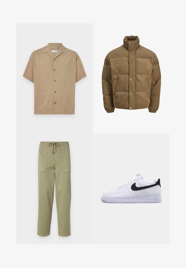 Brun kordfløyels pufferjakke med høy krage, trykknapper, elastiske mansjetter og sidelommer, vist på en hvit bakgrunn.; Kortermet skjorte i lysebrun stoff, med krage, knappelukking og en glatt tekstur. Enkelt design uten mønstre.; Lys olivengrønne bukser laget av bomullsblandingsstoff, med elastisk midje og snor, samt to store sidelommer.; Hvit lær sneakers med en teksturert svart Swoosh, flate lisser og en gummisåle med et rillemønster. "AIR" er preget på hælen.