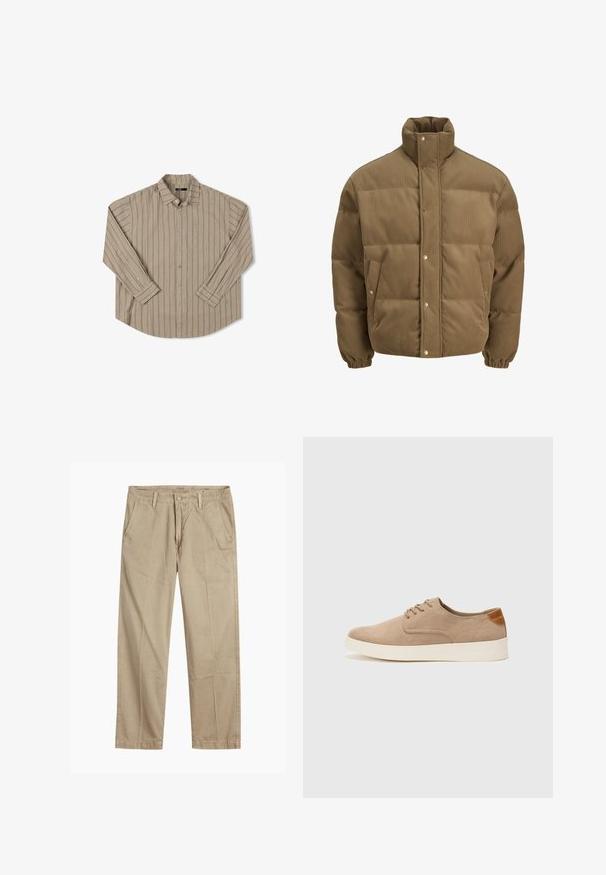 Pruunist kootud puffer-jope kõrge kraega, nööbid, elastsed mansetid ja küljetaskud, esitatud valgel taustal.; Beež pikka varrukatega särk, millel on vertikaalsed triibud, üks rinnatasku, nööpidega krae ja ümaralune. Sile kangatekstuur.; Beeži sirged säärte chinos-püksid, millel on vööloopide, esipainutatud nupud ja tõmblukk ning kaldega esikotid.; Beežid nahast tossud ümarate varvastega, paeltega esiosa ja tekstuuriga tagakontuuriga. Valge kummist tallapakkumine loob kontrasti. Lihtne ja kaasaegne disain.