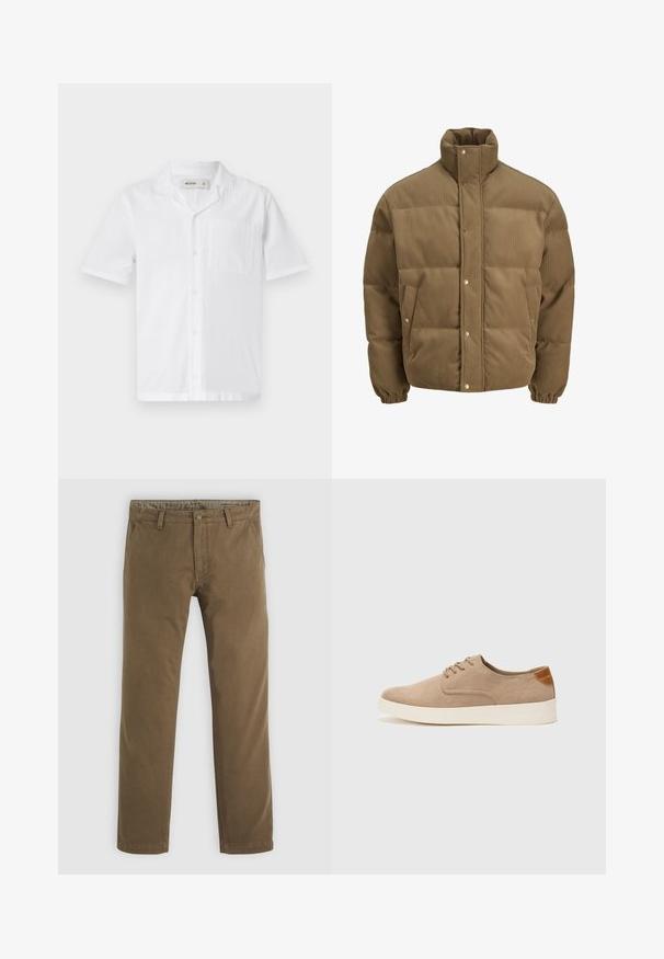 Brązowa puchowa kurtka z korduroy z wysokim kołnierzem, zatrzaskami, elastycznymi mankietami i bocznymi kieszeniami, wystawiona na białym tle.; Biała koszula z krótkim rękawem na guziki z kieszonką, charakteryzująca się teksturowanym materiałem i luźnym wzornictwem kołnierza.; Khaki bawełniane spodnie o prostym kroju, wyposażone w zapięcie na guzik, dwie przednie kieszenie oraz gładką teksturę.; Beżowe zamszowe sneakersy z okrągłym noskiem, sznurowanym przodem i teksturowanym akcentem na tyle. Biała gumowa podeszwa tworzy kontrast. Prosty i nowoczesny design.