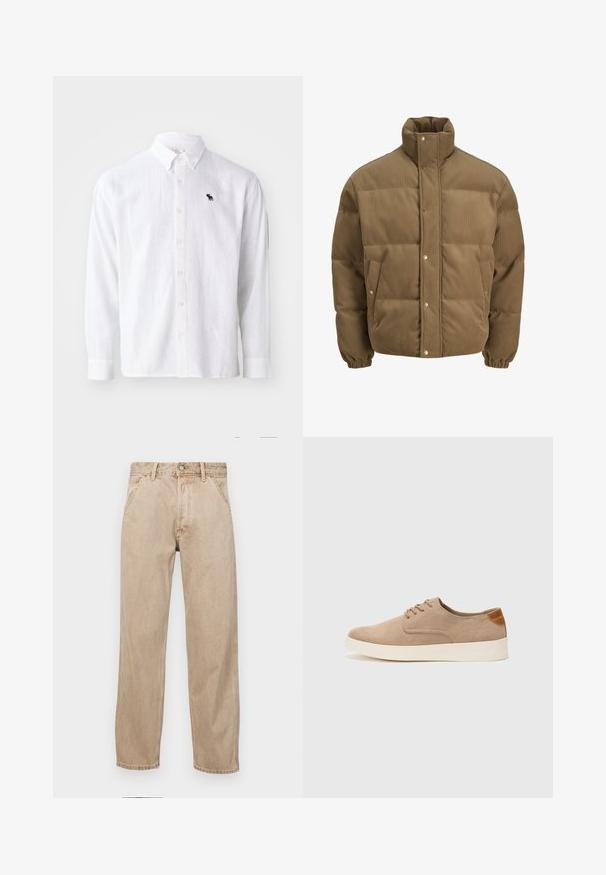 Pruunist kootud puffer-jope kõrge kraega, nööbid, elastsed mansetid ja küljetaskud, esitatud valgel taustal.; Valge linasest pikakäpse särgid, millel on nööp-all kaelus ja väike mereväe sinine logo. Pehme tekstuur ja mugav lõige koos nööbiga sulgemisega.; Bežidemini teksased sirgjoonise kujundusega, front pocket'itega, metallist nööbi kinnitusega ja peene tekstuuriga.; Beežid nahast tossud ümarate varvastega, paeltega esiosa ja tekstuuriga tagakontuuriga. Valge kummist tallapakkumine loob kontrasti. Lihtne ja kaasaegne disain.