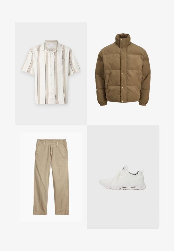 Brown corduroy puffer jacket with high collar, snap buttons, elastic cuffs, and side pockets, displayed on a white background.; Short-sleeve shirt in beige and white stripes with a textured pattern, one chest pocket, and a classic collar, made from lightweight fabric.; Beige straight-leg chinos with belt loops, front button and zipper closure, and slant front pockets.; White athletic shoes featuring a textured knit upper, flat laces, and a cushioned sole with visible air chambers for added support.