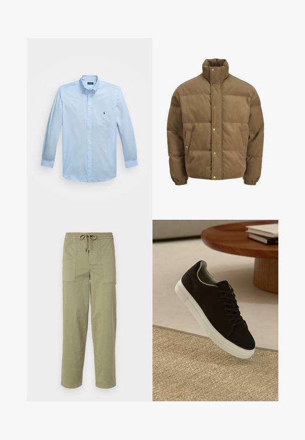 Casaco puffer de veludo cotelê castanho com colarinho alto, botões de pressão, punhos elásticos e bolsos laterais, exibido sobre um fundo branco.; Camisa de manga longa azul claro, com botões, feita de um tecido suave, apresentando um colarinho com botões e um pequeno logótipo bordado no lado esquerdo do peito.; Calças verde-oliva claras feitas de um tecido de algodão misto, com um cós elástico com cordão e dois bolsos laterais grandes.; Sneaker preto com sola branca flutuando acima de um tapete texturizado bege, perto de uma mesa redonda de madeira com livros empilhados.