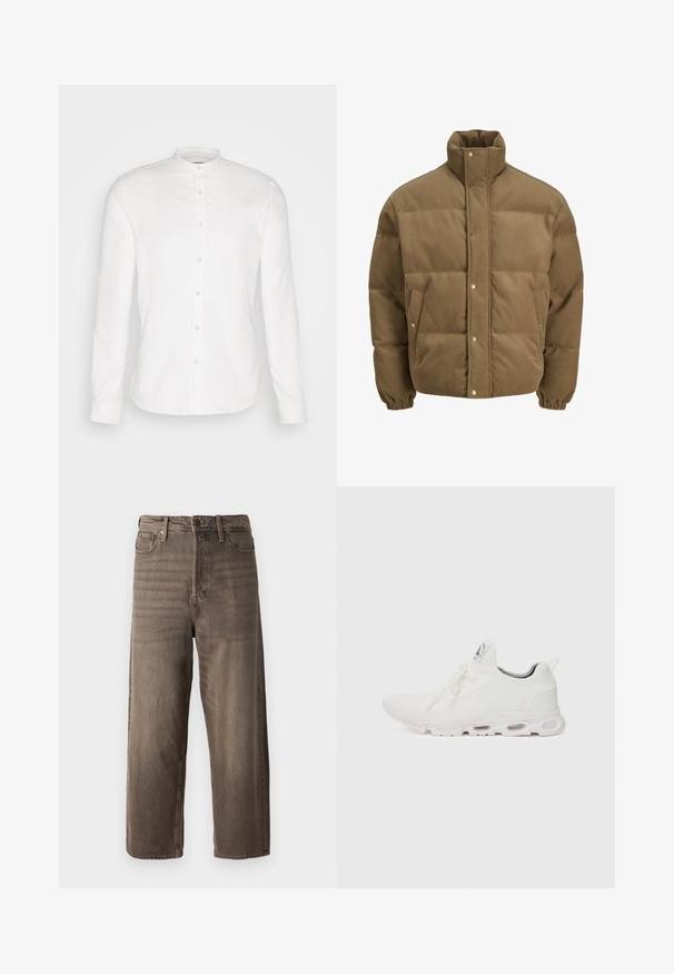 Rjav cordurojasti puhovnik z visokim ovratnikom, zaponkami na gumbe, elastičnimi manšetami in stranskimi žepi, prikazan na beli podlagi.; Bela srajca s dolgimi rokavi in mandarin ovratnikom ter sprednjim zapenjanjem. Narejena iz bombaža, s gladko teksturo in gumbi za zapiranje.; Rjavi široki traper hlače. Imajo zadrgo, zanke za pas in pet žepov. Tkanina ima zbledel in teksturiran videz.; Bela atletska obuća z značilnom pletenom gornjom stranom, ravnim vezicama i podlogom s jastučićem koja ima vidljive zračne komore za dodatnu potporu.