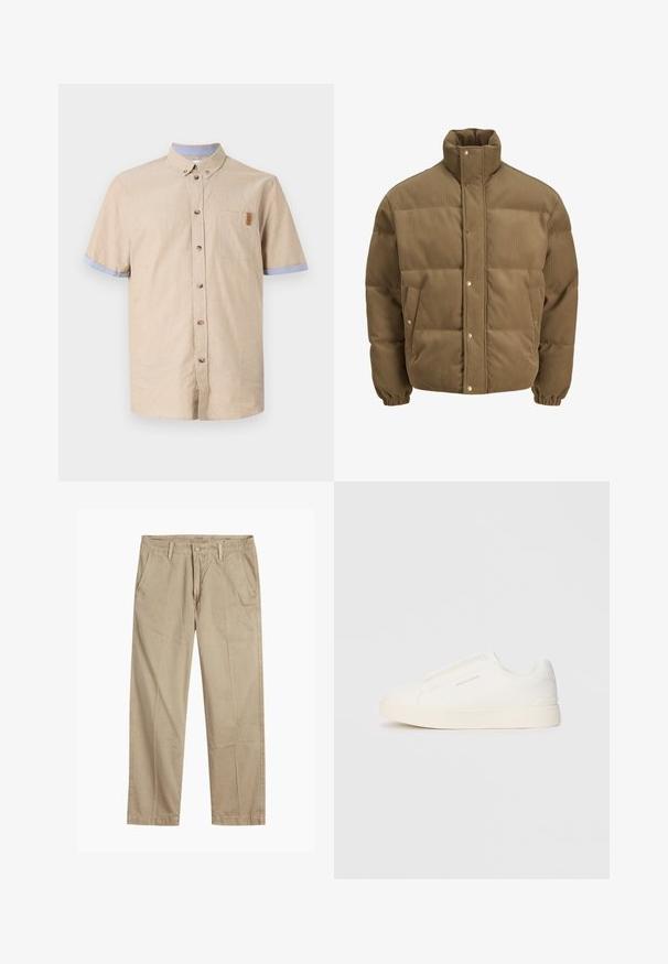 Bruine ribfluwelen pufferjack met hoge kraag, drukknoopsluiting, elastische manchetten en zijzakken, weergegeven op een witte achtergrond.; Korte mouwen button-up shirt van beige linnen met blauwe accenten op de mouwen. Heeft een borstzak en bruine knopen. Soepele textuur.; Beige rechte pijpen chinos met riemlussen, voorkant met knoop en rits sluiting, en schuine voorzakken.; Witte instap sneakers met een gestructureerd oppervlak, een dikke zool en een minimalistisch ontwerp. Bevat het merklogo aan de zijkant.