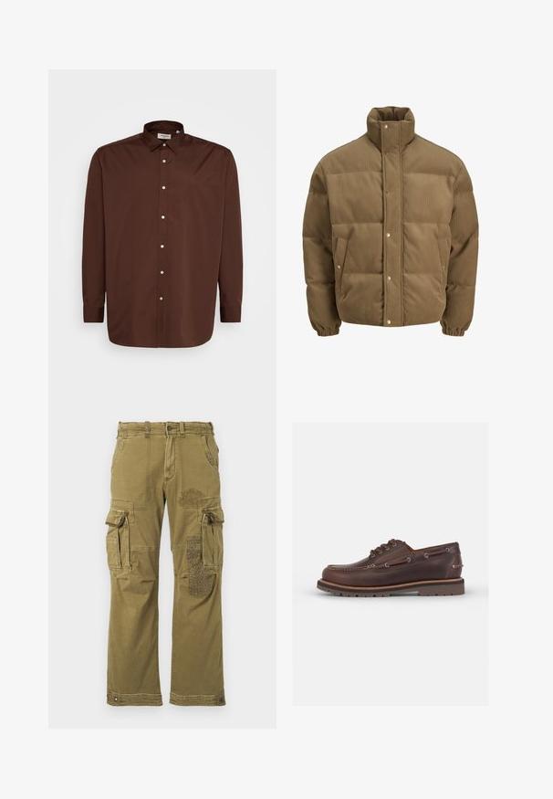 Bruine ribfluwelen pufferjack met hoge kraag, drukknoopsluiting, elastische manchetten en zijzakken, weergegeven op een witte achtergrond.; Bruine overhemdd met een gespreide kraag, lange mouwen en een gladde stofstructuur. Voorzien van witte knopen aan de voorkant.; Groene lange mouwen sweatshirt van zacht katoen. Bevat een klein geborduurd vissenontwerp op de linkerborst. Klassieke ronde hals.; Olijfgroene cargo broek met meerdere zakken, voorzien van een patroon patch op het rechterbeen en versterkte stiksels. Casual pasvorm en textuur van de stof.; Bruine leren bootschoen met een afgeronde neus, zes oogjes, contrasterende stiksels en een gestructureerde rubberen zool.