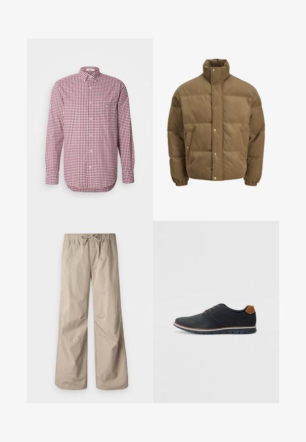 Casaco puffer de veludo cotelê castanho com colarinho alto, botões de pressão, punhos elásticos e bolsos laterais, exibido sobre um fundo branco.; Camisa de botões em xadrez vermelho e branco, com mangas longas, colarinho e um bolso no peito. Feita de um tecido leve, com uma textura suave.; Calças largas bege com cintura elástica e cordão. Textura suave, dois bolsos laterais e costuras mínimas para um ajuste descontraído.; Sapatos sintéticos pretos com um upper texturizado, pormenores lisos, salto castanho e uma sola contrastante. Apresentam um sistema de atacadores mínimo e detalhes de costura.