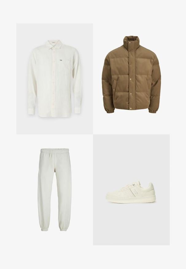 Giacca puffer in corduroy marrone con colletto alto, bottoni a pressione, polsini elasticizzati e tasche laterali, esposta su uno sfondo bianco.; Camicia button-up in lino color crema chiaro con maniche lunghe, colletto classico, taschino davanti e una piccola etichetta con il marchio sulla tasca.; Pantaloni tuta bianchi realizzati in tessuto morbido, dotati di vita e polsini elastici, con una texture liscia e una vestibilità ampia.; Sneaker color crema con dettagli perforati, lacci e logo sul lato, esposta su uno sfondo bianco semplice.