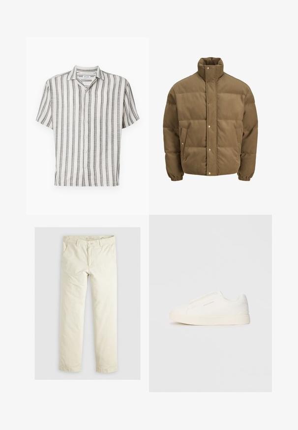 Braune Cord-Puffjacke mit hohem Kragen, Druckknöpfen, elastischen Bündchen und Seitentaschen, auf einem weißen Hintergrund präsentiert.; Hemd mit kurzen Ärmeln in Creme mit vertikalen schwarzen Streifen. Verfügt über einen Kragen und fünf Knöpfe auf der Vorderseite. Strukturierter Stoff.; Helle beigefarbene, lässig geschnittene Hose mit drei Taschen, Gürtelschlaufen und geradem Bein. Hergestellt aus einem weichen Baumwoll-Mix.; Weiße Slip-On-Sneaker mit einer strukturierten Oberfläche, dicker Sohle und minimalistischem Design. Mit Logo der Marke an der Seite.