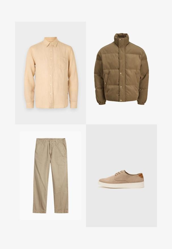 Rudos spalvos švarkas su raišteliu, turintis aukštą apykaklę, užsegamus mygtukais, elastines rankoves ir šonines kišenes, eksponuojamas ant balto fono.; Bežinė ilgaaumė lininė marškinė su mygtukų apykakle, priekinė kišenė ir lygi, šiek tiek tekstūruota paviršius. Klasikinis kirpimas ir paprastas dizainas.; Bežiniai tiesaus kirpimo chinos kelnės su diržo kilputėmis, priekyje esančia mygtuko ir užtrauktuko uždarymo sistema, bei šoninėmis kišenėmis.; Bežiniai zomšiniai sportbačiai su apvaliomis pirštų dalimis, raišteliais priekyje ir tekstūruotu užkulniu. Balta guma suteikia kontrastą. Paprastas ir modernus dizainas.