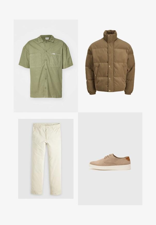 Brūns korduroja pufersjakas ar augstu apkakli, spiedpogu aizdari, elastīgām aprocēm un sānu kabatām, izstādīta uz baltā fona.; Kokvilnas zaļais krekls ar īsām piedurknēm, kam ir apkakles forma, divas priekšējās kabatas un pogājamā aizdare.; Gaiši beigu brīvi pieguļoši bikses ar trim kabatām, jostu cilpām un taisnu kāju dizainu. Izgatavotas no mīksta kokvilnas auduma maisījuma.; Beige zamšādas kedas ar noapaļotu purngala daļu, auklēm saplacinātu priekšpusi un teksturētu aizmugures akcentu. Balta gumijas zole nodrošina kontrastu. Vienkāršs un mūsdienīgs dizains.