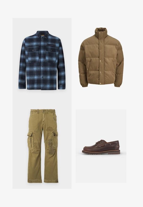 Brūns korduroja pufersjakas ar augstu apkakli, spiedpogu aizdari, elastīgām aprocēm un sānu kabatām, izstādīta uz baltā fona.; Poga augšup garām piedurknēm krekls ar zilu un melnu sietiņveida rakstu, divas priekšējās pogu kabatas krūtīm un nelielu "Replay" etiķeti uz kreisās kabatas.; Olīvzaļa kravas bikses ar vairākiem kabatām, ar rakstainu plāksteri labajā kājā un pastiprinātu šuvi. Brīva piegriezuma un auduma tekstūra.; Brūnas ādas laivu kurpes ar noapaļotu pirkstu, sešām aciņām, kontrastējošām šuvēm un teksturētu gumijas zoli.