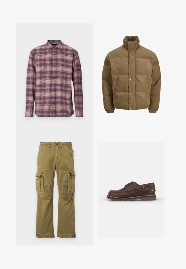 Braune Cord-Puffjacke mit hohem Kragen, Druckknöpfen, elastischen Bündchen und Seitentaschen, auf einem weißen Hintergrund präsentiert.; Langärmliges kariertes Hemd in Lila- und Rosatönen, mit einem Button-Down-Kragen und schwarzen Knöpfen, aus weichem Stoff mit glatter Textur.; Grüner Langarm-Sweatshirt aus weichem Baumwollmaterial. Mit einem kleinen gestickten Fischdesign auf der linken Brustseite. Klassischer Rundhalsausschnitt.; Olivgrüne Cargo-Hosen mit mehreren Taschen, die ein gemustertes Patch am rechten Bein und verstärkte Nähte aufweisen. Lässige Passform und Stoffstruktur.; Braune Lederbootsschuh mit runder Zehenform, sechs Ösen, kontrastierenden Nähten und einer strukturierten Gummisohle.
