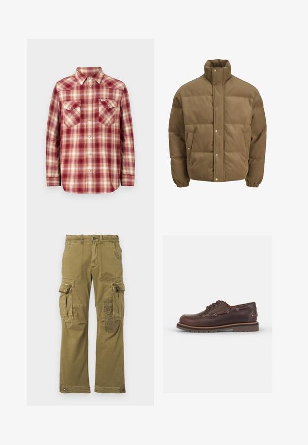 Barna kordbársony pufikabát magas gallérral, patentgombokkal, rugalmas mandzsettákkal és oldalsó zsebekkel, fehér háttéren bemutatva.; Piros és krém kockás flanel ing gombos gallérral, hosszú ujjal és két mellzsebbel. Fém gombokkal és laza szabással rendelkezik.; Zöld, hosszú ujjas pulóver, amely puha pamutból készült. Bal mellrészen egy kis hímzett halmotívum található. Klasszikus kerek nyakú.; Olivazöld cargo nadrág, több zsebbel, a jobb lábon mintás folttal és megerősített varrással. Kényelmes fazon és szövettextúra.; Barna bőrből készült csónakcipő lekerekített orral, hat fűzőlyukkal, kontrasztos varrással és textúrált gumitalpával.