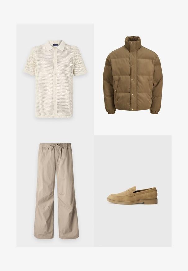 Barna kordbársony pufikabát magas gallérral, patentgombokkal, rugalmas mandzsettákkal és oldalsó zsebekkel, fehér háttéren bemutatva.; Rövid ujjú, galléros, krémszínű kötött felső, texturált, nyitott szövésű mintázattal. Öt gombos záródás bordás szélekkel.; Beige, bő szárú nadrág rugalmas derékpánttal és zsinórral. Sima textúra, két oldalsó zseb és minimális varrások a kényelmes illeszkedésért.; Barna suede loafer cipők lekerekített orral, alacsony blokksarkú, és varrott részletezéssel a felső részen. Simító textúra és minimalista kialakítás.