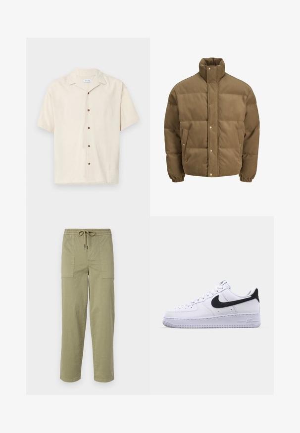 Smeđi puffer jakna od kordura s visokim ovratnikom, dugmadi na preklop, elastičnim manžetama i bočnim džepovima, prikazana na bijeloj pozadini.; Kratki rukav bež košulja napravljena od glatkog materijala. Ima uspravan ovratnik i smeđe dugmadi duž prednje strane.; Svijetlo maslinasto zelene hlače od mješavine pamuka, sa elastičnom strukom i vezicom, te dva velika bočna džepa.; Bijele kožne tenisice s teksturiranim crnim Swoosh-om, ravnim vezicama i gumenim potplatom s rebrenastim uzorkom. "AIR" je utisnut na peti.