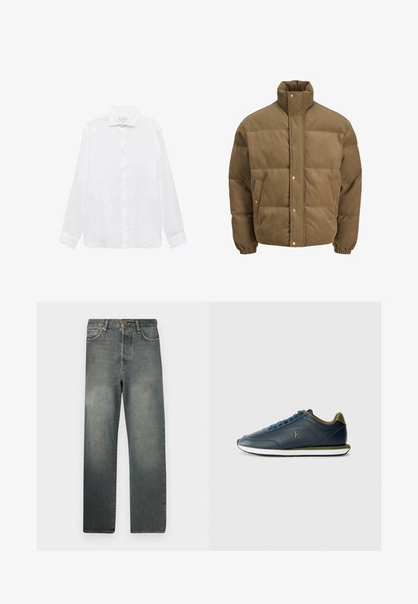 Smeđi puffer jakna od kordura s visokim ovratnikom, dugmadi na preklop, elastičnim manžetama i bočnim džepovima, prikazana na bijeloj pozadini.; Bijela košulja dugih rukava, izrađena od laganog materijala. Ima klasičan ovratnik, dugmad sprijeda i manžete s zaobljenim rubovima.; Jack & Jones JJIALEX JJCOOPER - Vrećaste traperice - black denim; Calvin Klein Jeans RETRO RUNNER - Tenisice - navy/capers