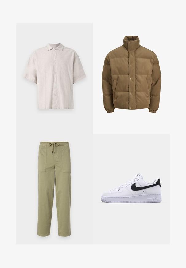 Hnědá kordurová péřová bunda s vysokým límcem, patkovými knoflíky, elastickými manžetami a bočními kapsami, vystavená na bílém pozadí.; Světle šedá polo tričko s krátkým rukávem vyrobené z lnu. Obsahuje zapínání na knoflíky, plochý límec a volný střih s jemnou texturou.; Pantalony světle olivové barvy vyrobené z bavlněné směsi, s elastickým pasem na šnůrku a dvěma velkými bočními kapsami.; Bílé kožené tenisky s texturovaným černým Swooshem, plochými tkaničkami a gumovou podrážkou s drážkovaným vzorem. Na patě je embosováno "AIR".
