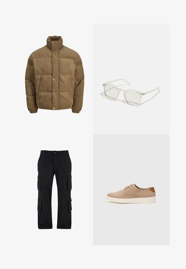 Brązowa puchowa kurtka z korduroy z wysokim kołnierzem, zatrzaskami, elastycznymi mankietami i bocznymi kieszeniami, wystawiona na białym tle.; Biała bawełniana koszulka z długim rękawem z okrągłym dekoltem i ściągaczami. Prosty, nieozdobny design, charakteryzujący się gładką fakturą i standardowym krojem.; Czarne spodnie cargo wykonane z bawełnianej tkaniny, z wieloma bocznymi kieszeniami, luźnym krojem i prostymi nogawkami.; Beżowe zamszowe sneakersy z okrągłym noskiem, sznurowanym przodem i teksturowanym akcentem na tyle. Biała gumowa podeszwa tworzy kontrast. Prosty i nowoczesny design.; Okrągłe okulary przeciwsłoneczne z przezroczystą ramką, jasnooliwkowymi soczewkami i cienkimi, przezroczystymi zausznikami. Posiadają subtelne akcenty sprzętowe na ramce.