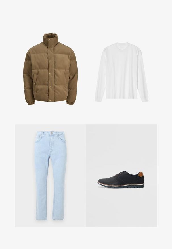 Barna kordbársony pufikabát magas gallérral, patentgombokkal, rugalmas mandzsettákkal és oldalsó zsebekkel, fehér háttéren bemutatva.; Hosszú ujjú fehér pamut póló, kerek nyakkivágással és bordázott mandzsettákkal. Egyszerű, díszítés nélküli dizájn, sima tapintással és normál fazonnal.; Világoskék farmernadrág, egyenes lábbal, öt zsebbel, kopottas textúrával, és fém gombos záródással a deréknál.; Fekete szintetikus cipők, textúrált felsőrésszel, sima díszítésekkel, barna sarkával és kontrasztos talppal. Minimális fűzéssel és varrási részletekkel rendelkezik.