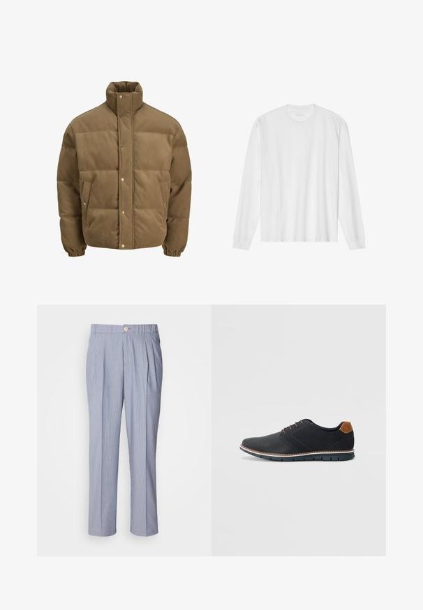 Brūns korduroja pufersjakas ar augstu apkakli, spiedpogu aizdari, elastīgām aprocēm un sānu kabatām, izstādīta uz baltā fona.; Garas piedurkņu balta kokvilnas T-kreklu ar apaļu kakla izgriezumu un ribotām aprocēm. Vienkāršs, neizpušķots dizains ar gludu tekstūru un standarta piegriezumu.; Svītroti bikses gaiši zila un baltā krāsā, ar pogu aizdari, krokām priekšpusē un taisnu kāju dizainu. Gluda auduma tekstūra.; Melni sintētiskie apavi ar struktūru augšdaļā, gludu akcentu, brūnu papēdi un kontrastējošu zoli. Iezīmē minimālu šņorēšanu un šuvju detaļas.